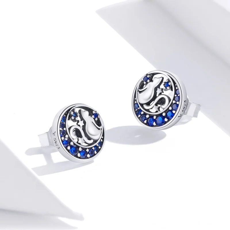 (image for) Pandora Style Silver Blue Moon & Kitty Stud Earrings - SCE880 - View 4