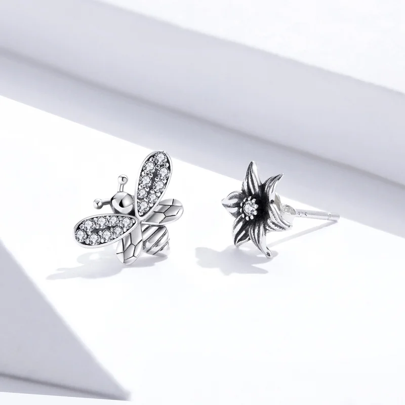 (image for) Pandora Style Silver Butterfly And Flower Stud Earrings - SCE884 - View 3
