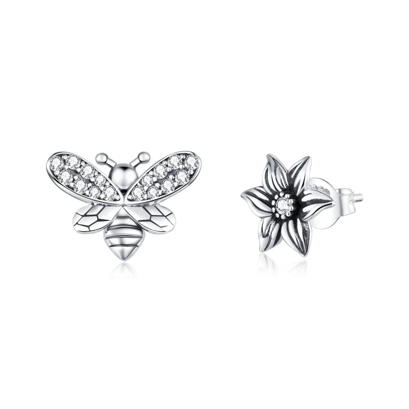 (image for) Pandora Style Silver Butterfly And Flower Stud Earrings - SCE884 - Product Image