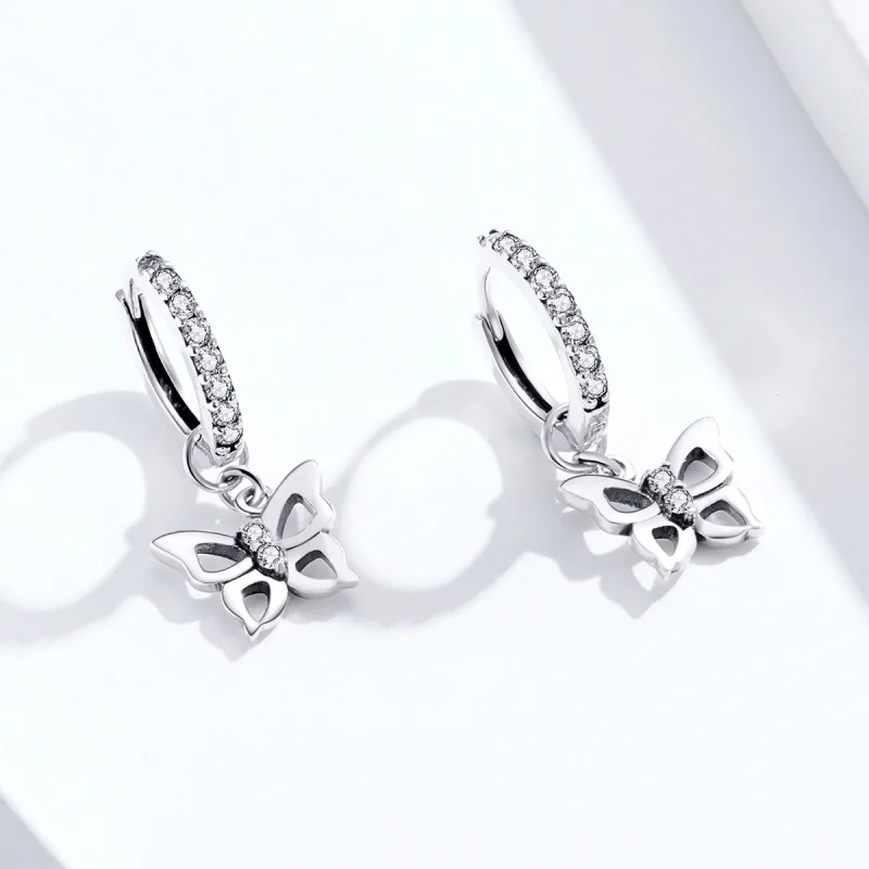 (image for) Pandora Style Silver Butterfly Dangle Earrings - SCE833 - View 2