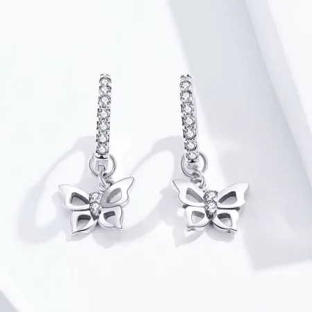 Pandora Style Silver Butterfly Dangle Earrings - SCE833