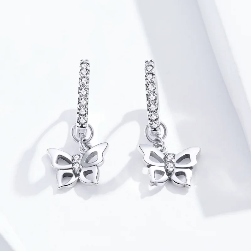 (image for) Pandora Style Silver Butterfly Dangle Earrings - SCE833 - View 4