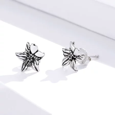 Pandora Style Silver Butterfly Love Flowers Stud Earrings - SCE887