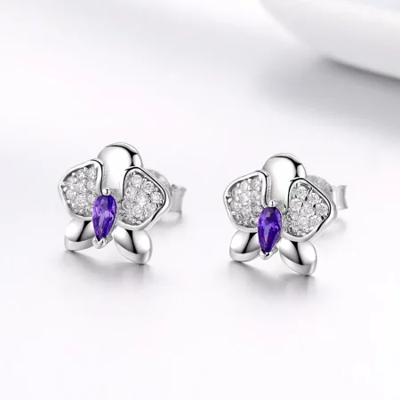Pandora Style Silver Butterfly Orchid Stud Earrings - BSE036