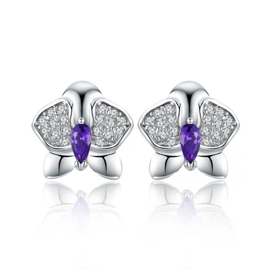Pandora Style Silver Butterfly Orchid Stud Earrings - BSE036