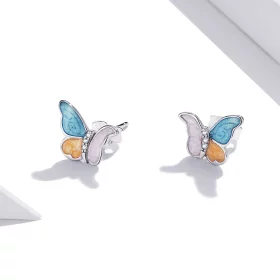 Pandora Style Silver Butterfly With Three Colors Stud Earrings - SCE1156 Pandora Style Silver Butterfly With Three Colors Stud Earrings - SCE1156