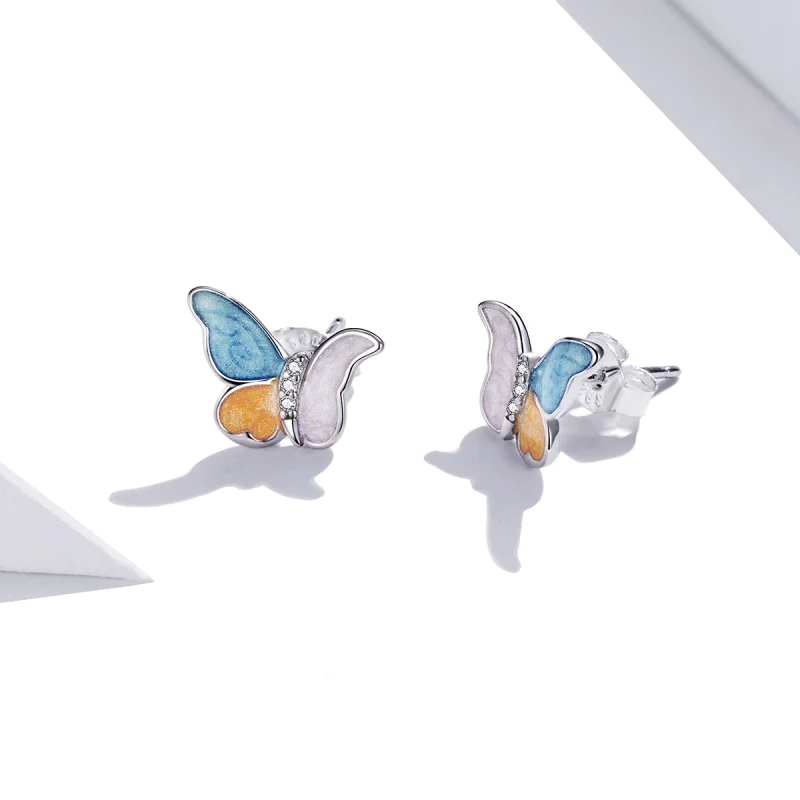(image for) Pandora Style Silver Butterfly With Three Colors Stud Earrings - SCE1156 - View 3