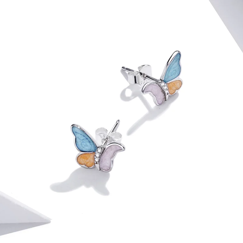 (image for) Pandora Style Silver Butterfly With Three Colors Stud Earrings - SCE1156 - View 4