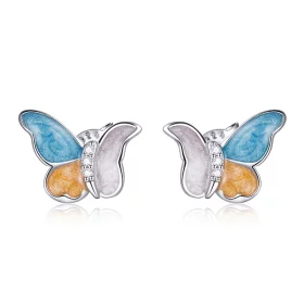 Pandora Style Silver Butterfly With Three Colors Stud Earrings - SCE1156