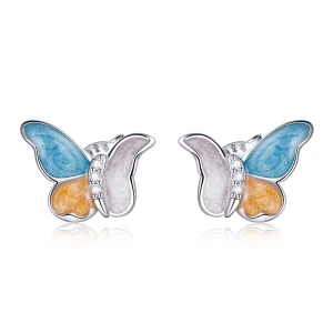 (image for) Pandora Style Silver Butterfly With Three Colors Stud Earrings - SCE1156