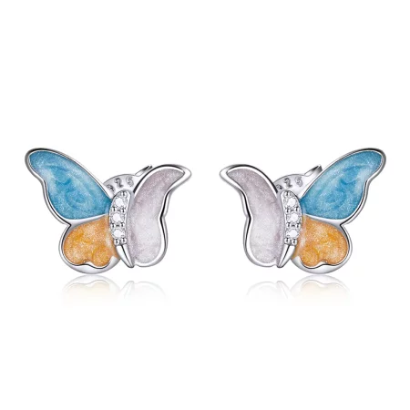 Pandora Style Silver Butterfly With Three Colors Stud Earrings - SCE1156 Pandora Style Silver Butterfly With Three Colors Stud Earrings - SCE1156