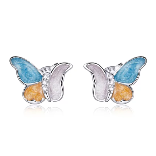 Pandora Style Silver Butterfly With Three Colors Stud Earrings - SCE1156