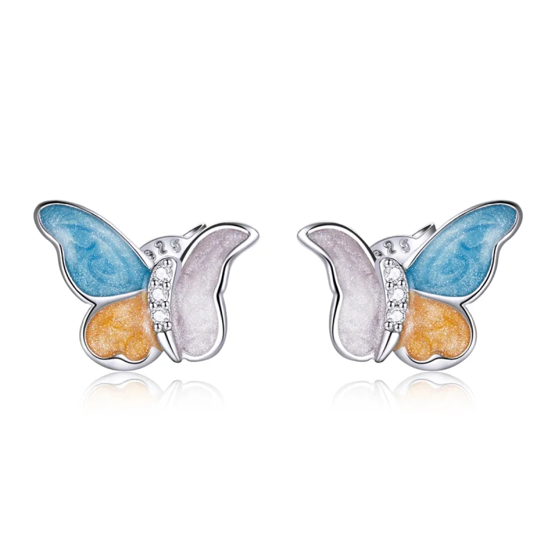 (image for) Pandora Style Silver Butterfly With Three Colors Stud Earrings - SCE1156 - Product Image