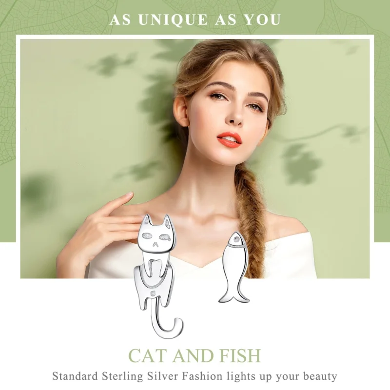 (image for) Pandora Style Silver Cat and Fish Stud Earrings - SCE488 - View 2