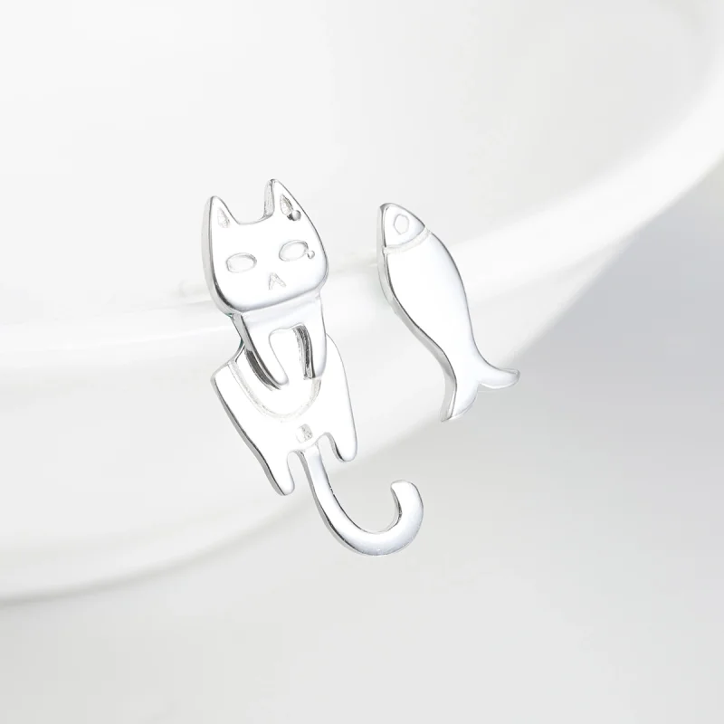 (image for) Pandora Style Silver Cat and Fish Stud Earrings - SCE488 - View 4