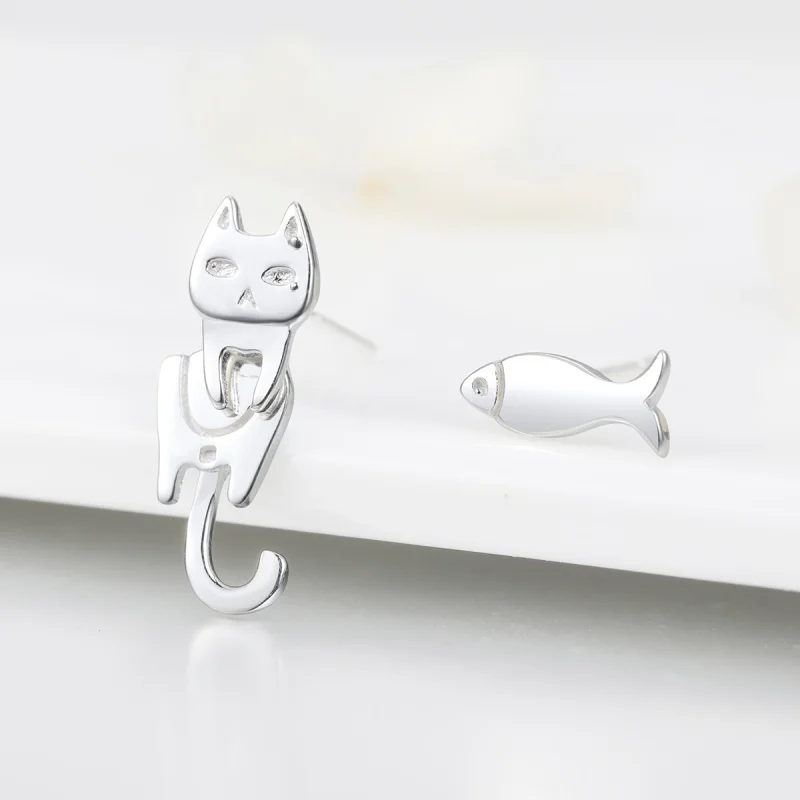 (image for) Pandora Style Silver Cat and Fish Stud Earrings - SCE488 - View 5