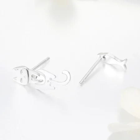 Pandora Style Silver Cat and Fish Stud Earrings - SCE488
