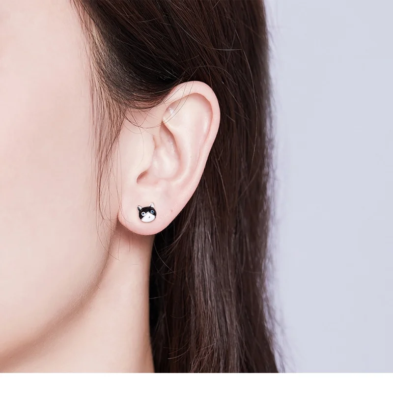 (image for) Pandora Style Silver Cat and Fish Stud Earrings - SCE623 - View 2