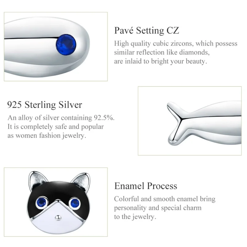 (image for) Pandora Style Silver Cat and Fish Stud Earrings - SCE623 - View 4