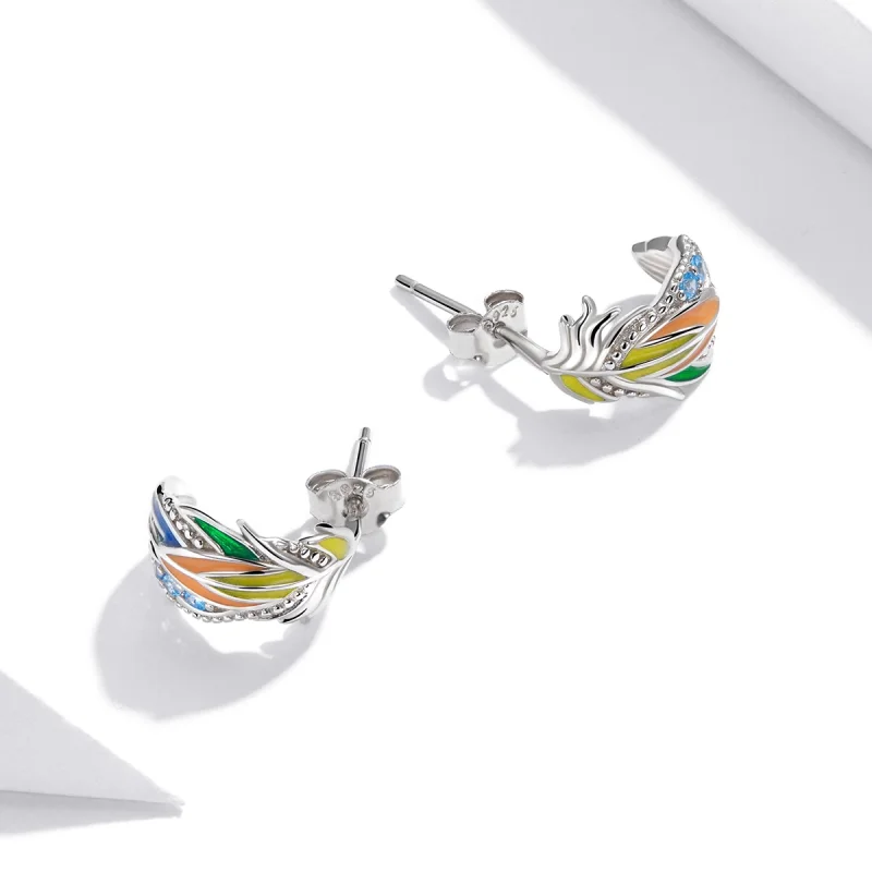 (image for) Pandora Style Silver colored feathers Stud Earrings - SCE1128 - View 2