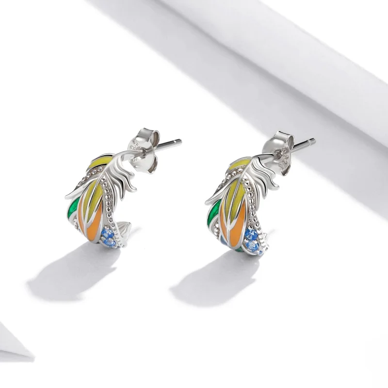 (image for) Pandora Style Silver colored feathers Stud Earrings - SCE1128 - View 3