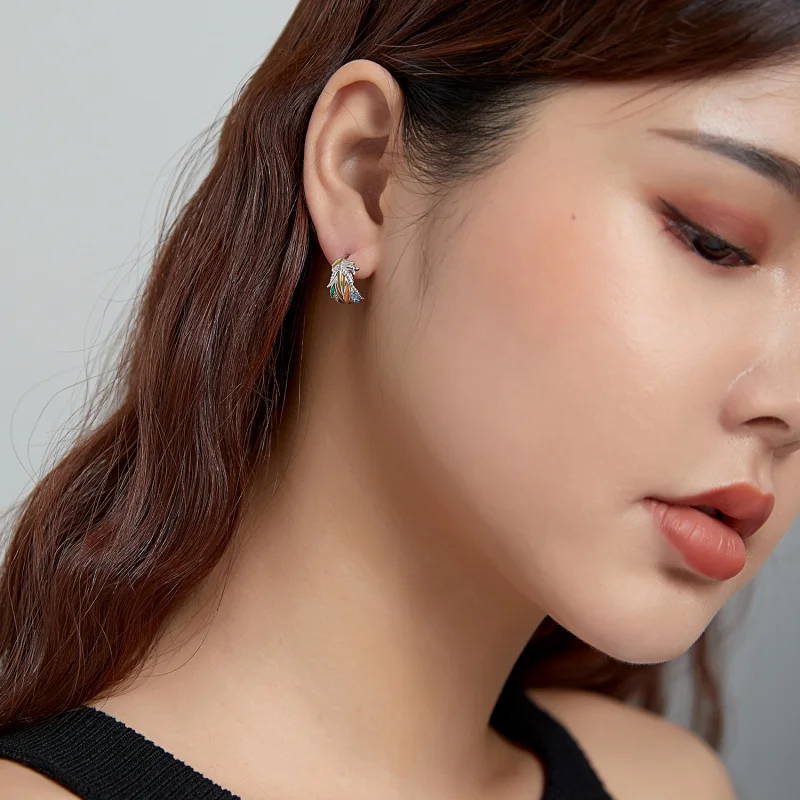 (image for) Pandora Style Silver colored feathers Stud Earrings - SCE1128 - View 7