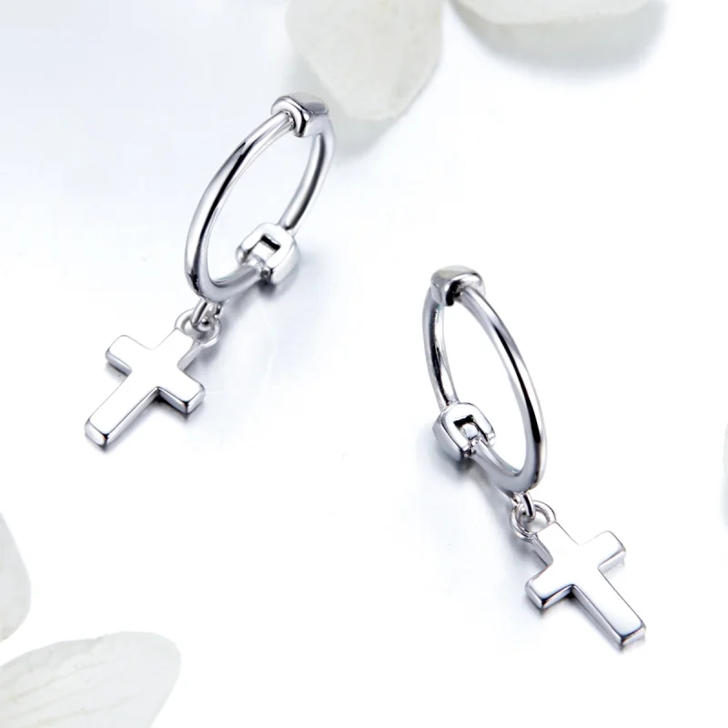 (image for) Pandora Style Silver Cross Hanging Earrings - SCE547 - View 4