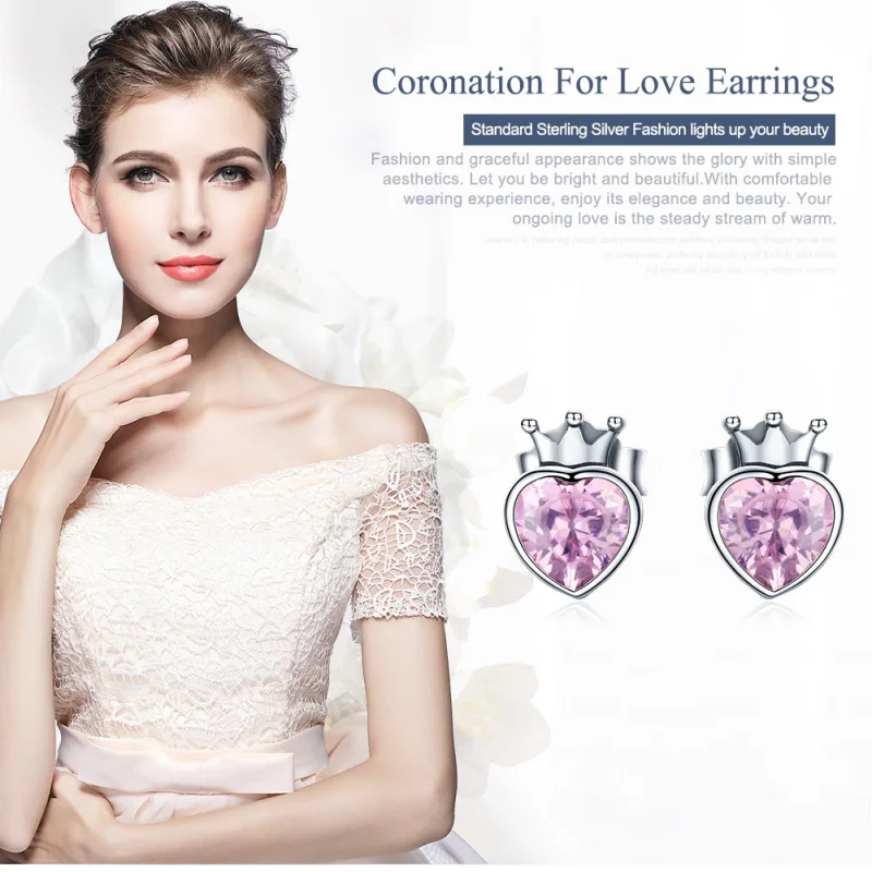 (image for) Pandora Style Silver Crowning Heart Stud Earrings - SCE174 - View 2