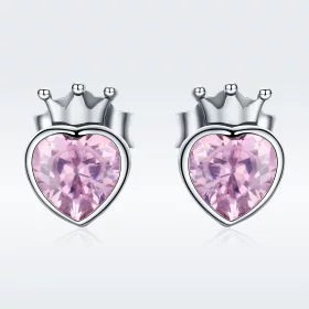 Pandora Style Silver Crowning Heart Stud Earrings - SCE174