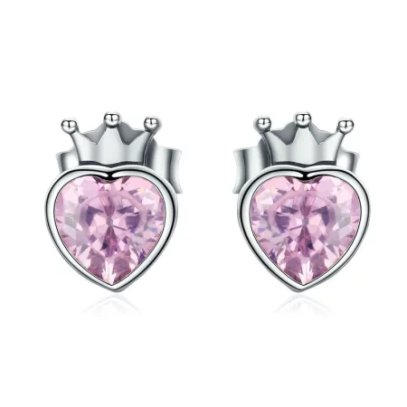 Pandora Style Silver Crowning Heart Stud Earrings - SCE174