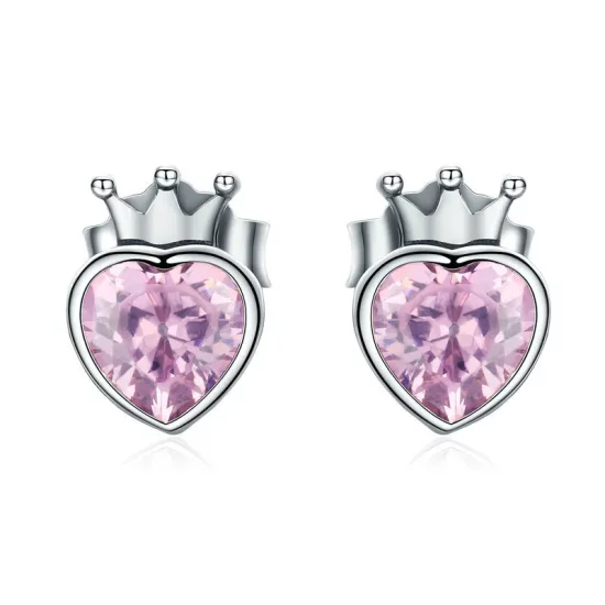 Pandora Style Silver Crowning Heart Stud Earrings - SCE174