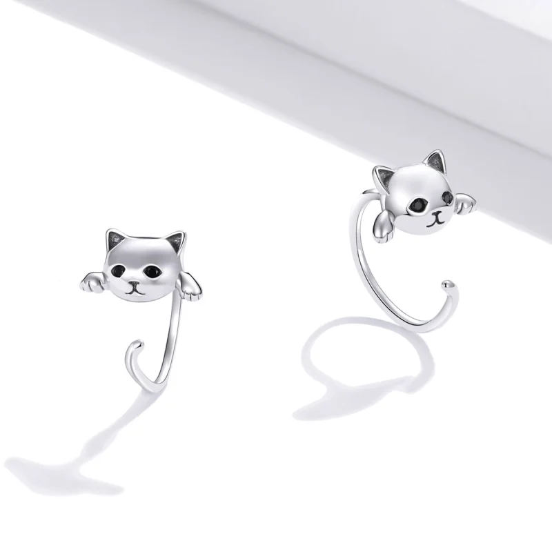 (image for) Pandora Style Silver Cute Cat Hoop Earrings - SCE965 - View 3