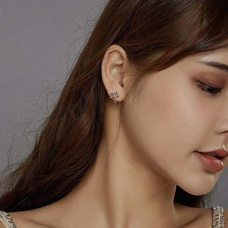 (image for) Pandora Style Silver Cute Cat Hoop Earrings - SCE965 - View 6