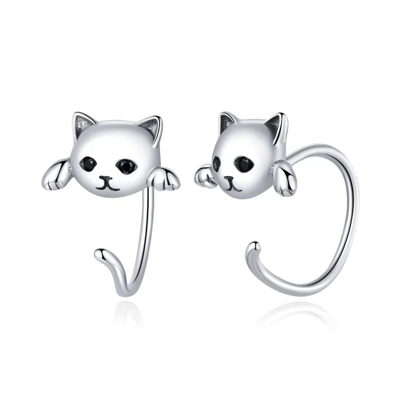 (image for) Pandora Style Silver Cute Cat Hoop Earrings - SCE965 - Product Image