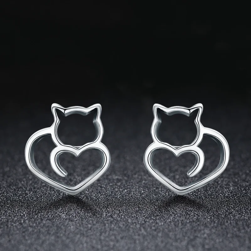 (image for) Pandora Style Silver Cute Cat Stud Earrings - SCE271 - View 3