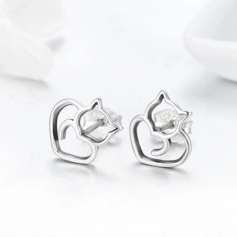 (image for) Pandora Style Silver Cute Cat Stud Earrings - SCE271 - View 4