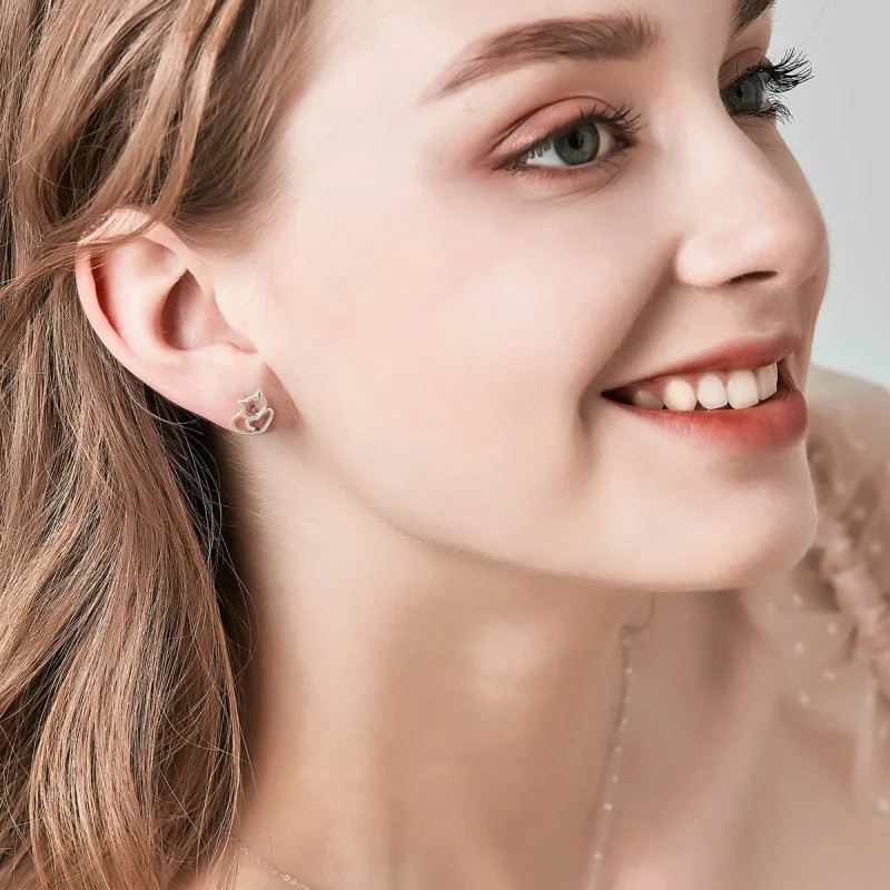 (image for) Pandora Style Silver Cute Cat Stud Earrings - SCE271 - View 9