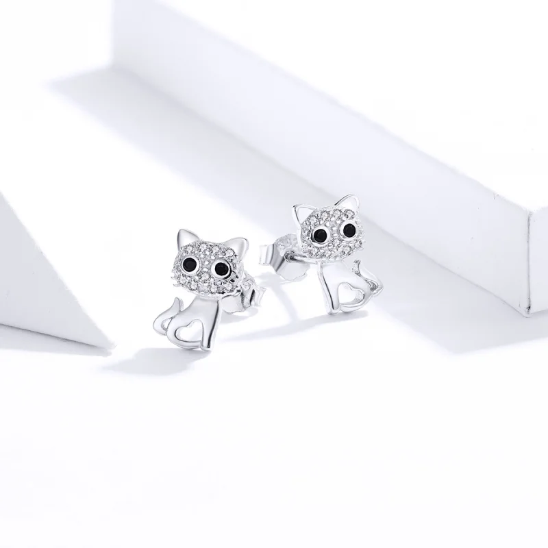 (image for) Pandora Style Silver Cute Cat Stud Earrings - SCE797 - View 2