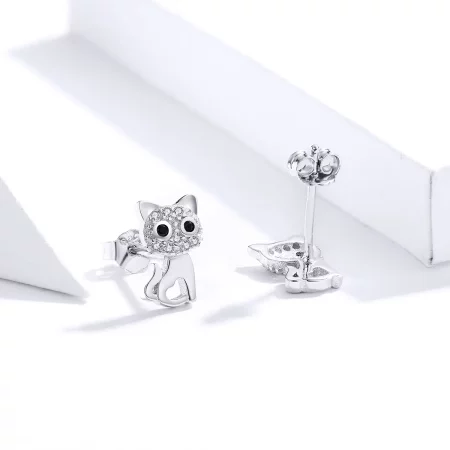 Pandora Style Silver Cute Cat Stud Earrings - SCE797