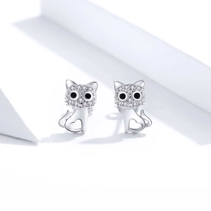 (image for) Pandora Style Silver Cute Cat Stud Earrings - SCE797 - View 4
