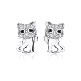 Pandora Style Silver Cute Cat Stud Earrings - SCE797
