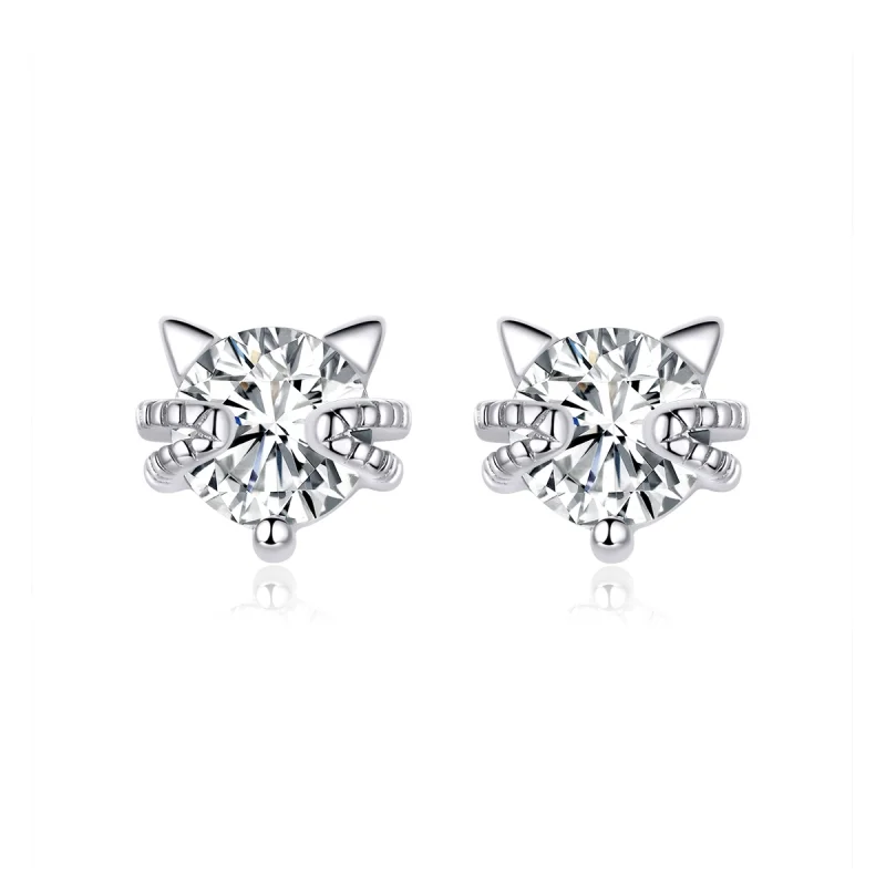(image for) Pandora Style Silver Cute Kitten Stud Earrings - BSE205 - Product Image