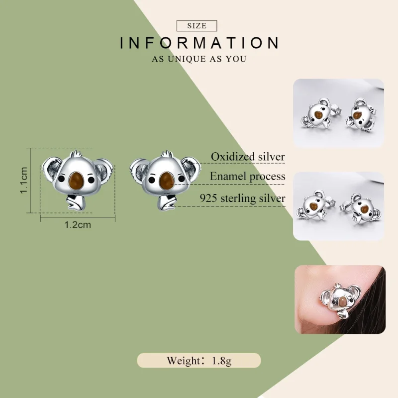 (image for) Pandora Style Silver Cute Koala Stud Earrings - SCE381 - View 2
