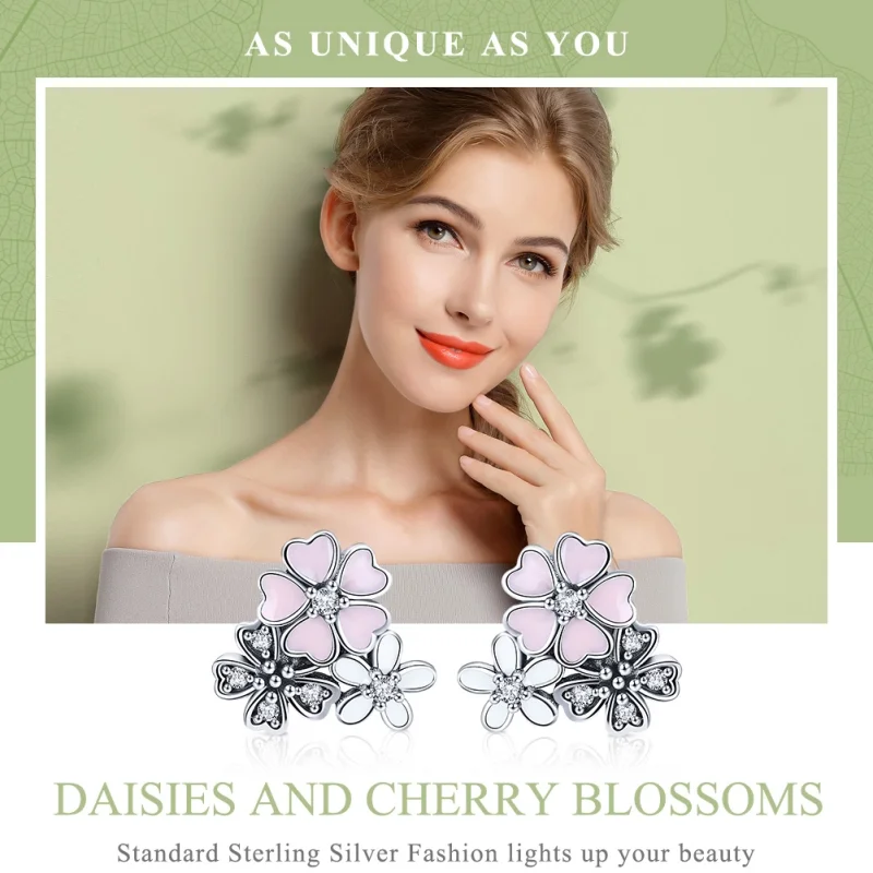 (image for) Pandora Style Silver Daisies and Cherry Blossoms Stud Earrings - SCE400 - View 2