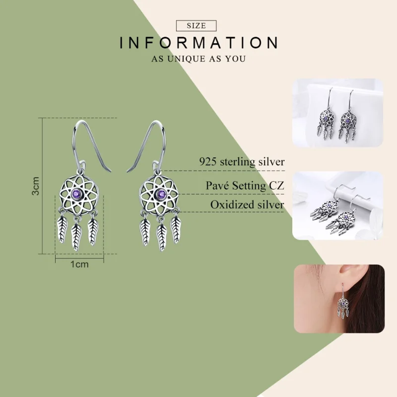 (image for) Pandora Style Silver Dreamcatcher Hanging Earrings - SCE394 - View 3