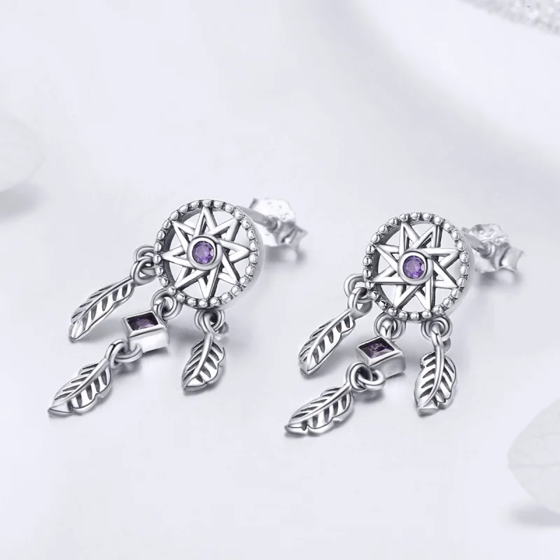 (image for) Pandora Style Silver Dreamcatcher Hanging Earrings - SCE502 - View 4