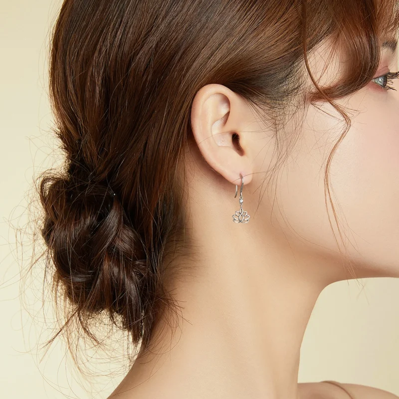 (image for) Pandora Style Silver Elegant Lotus Flowers Dangle Earrings - BSE451 - View 7