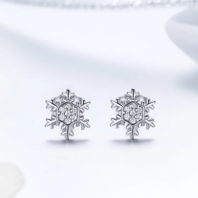 (image for) Pandora Style Silver Elegant Snowflakes Stud Earrings - BSE009 - View 2