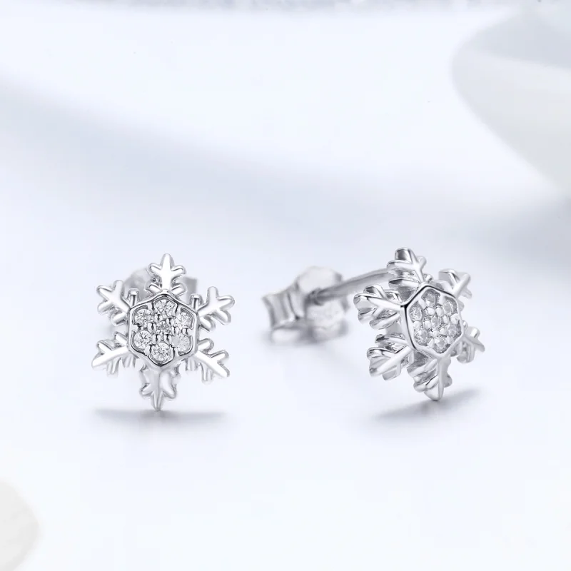 (image for) Pandora Style Silver Elegant Snowflakes Stud Earrings - BSE009 - View 3