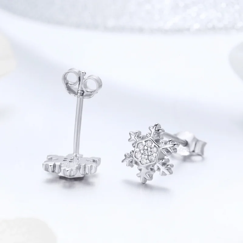 (image for) Pandora Style Silver Elegant Snowflakes Stud Earrings - BSE009 - View 4